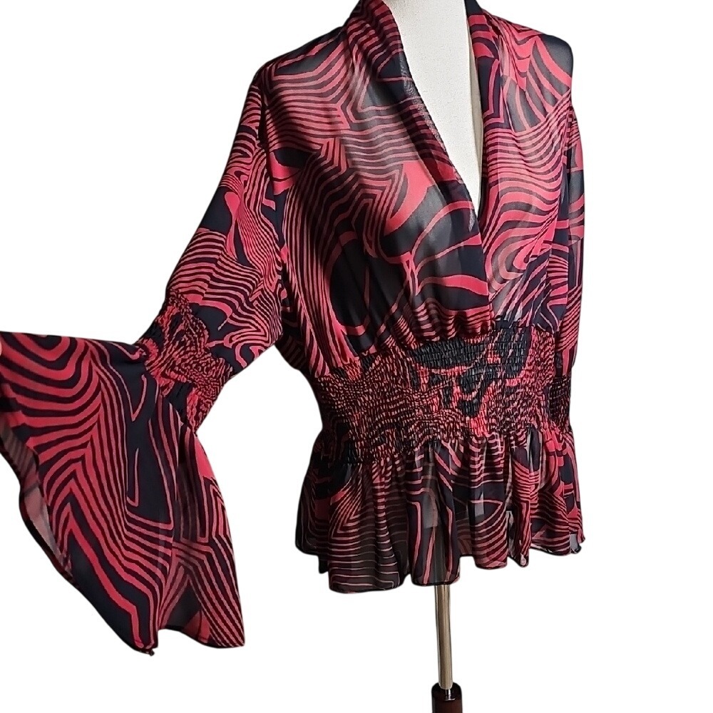 Red and Black Abstract Print Blouse Top with Statement Sleeves Sheer Large